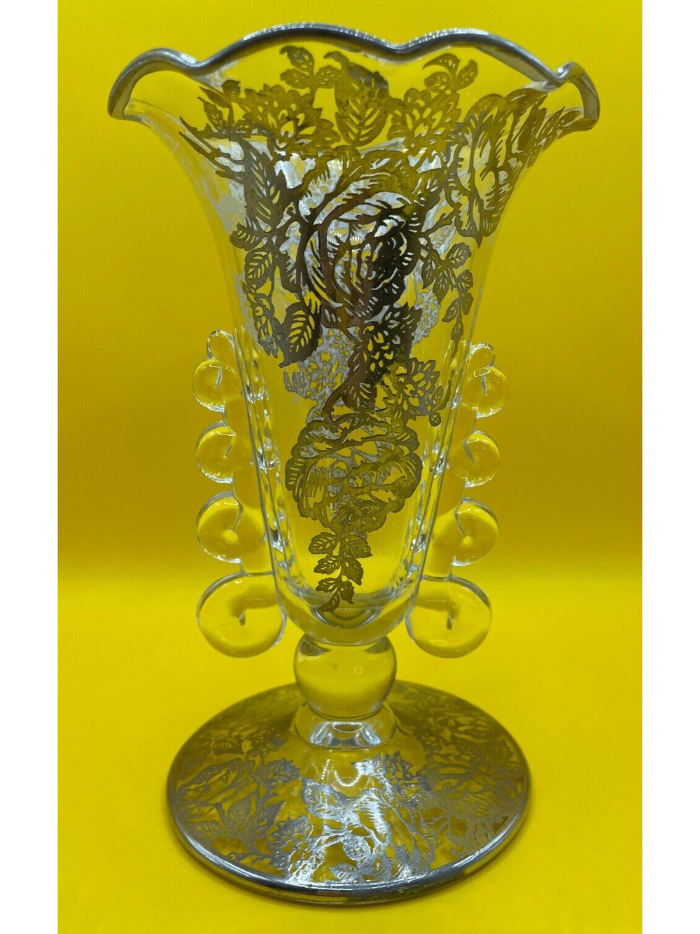 Vintage 1940s Heisey Glass Lariat Crimped Top Vase With Silver Overlay Roses